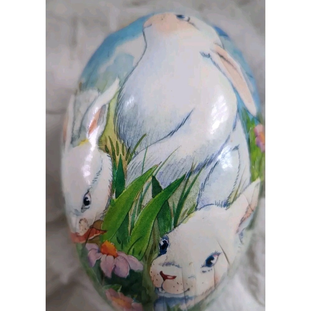 See's‎ Candy Blue White Rabbits Paper Mache Easter Egg 2002
